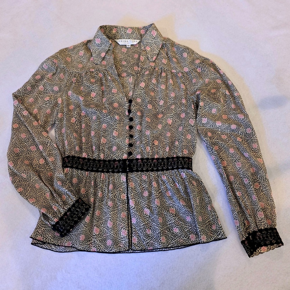 Trina Turk Silk Blend Floral Peplum Blouse Black Pink Lace‎ Trim Size S 268502